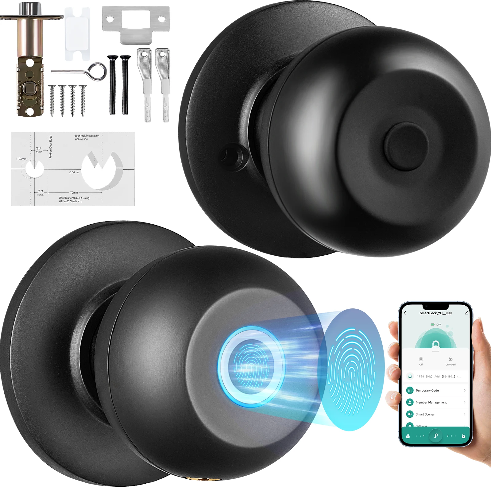 VEVOR Smart Door Knob Biometric Door Lock Bluetooth Smart Lock Fingerprint Smart Lock with APP Control Easy Installation Lock