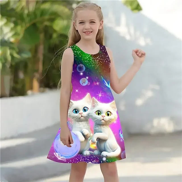 Girls' 3D Graphic Cat Butterfly Dress Sleeveless 3D Print Summer Spring Sports & Outdoor Daily Holiday Cute Casual Sweet Kids