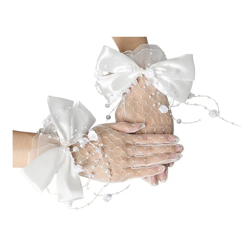 A Pair Short Bridal Gloves Yarn Bow Pearl Bead Full Finger Women Sun Protect Elegant Wedding Party Summer Driving Lace Gloves