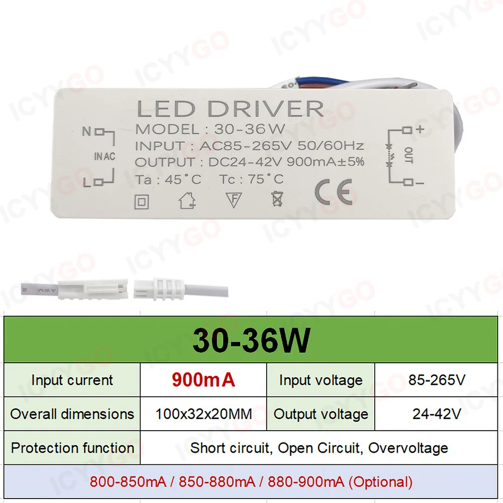 LED Constant Current Drive, fonte de alimentação externa, Driver de isolamento de tensão ampla, GU10E27, 4-7W, 8-12W, 20W, 30W, 25-36W, 300mA, 600mA