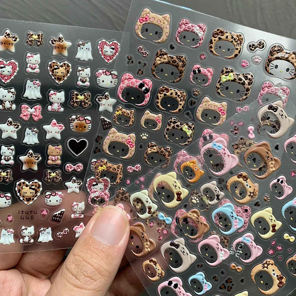 Naklejki na paznokcie 5D z uroczym kotkiem w panterkę, słodkie kreskówkowe naklejki Hello Kitty, samoprzylepne slidery, naklejki na paznokcie z kotkiem w kapeluszu.