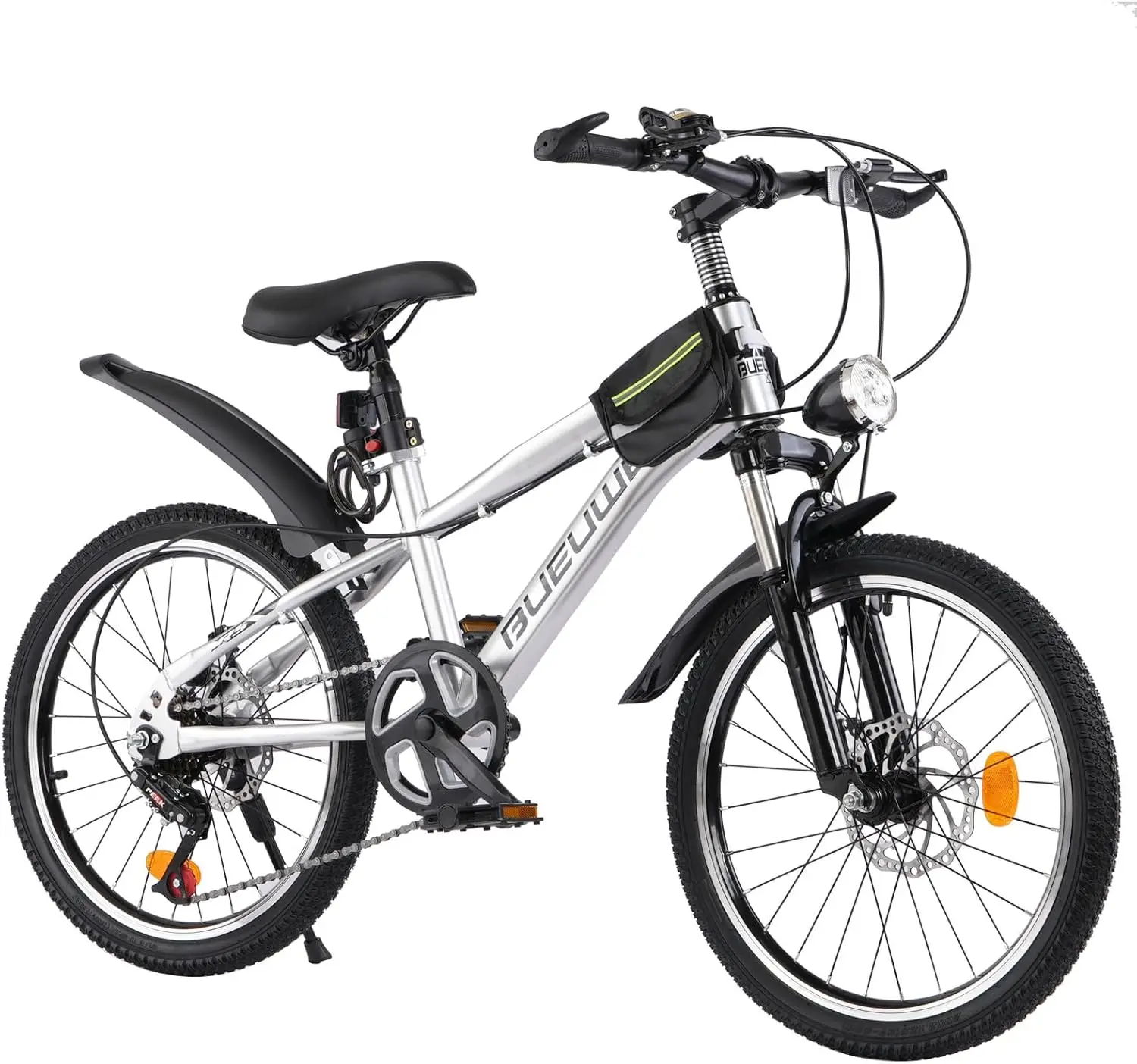 Bicicleta infantil para meninos e meninas de 7 a 12 anos, bicicleta de montanha de 20/24 polegadas com engrenagem de 7 velocidades, freios a disco duplos, garfo de suspensão, cabeça de LED