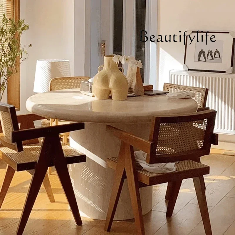 

Обеденный стол из натурального травертина, элитный светлый роскошный современный мраморный дизайнерский креативный скандинавский домашний круглый стол