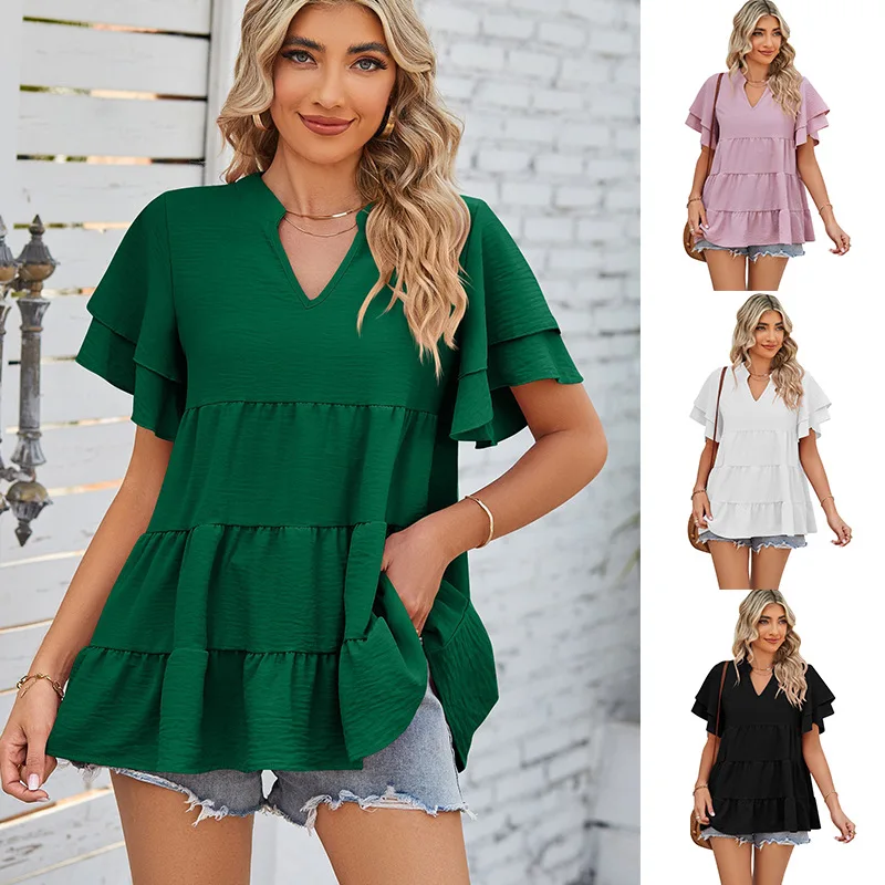 

Женская одежда, Новинка лета 2024, женская рубашка с V-образным вырезом и двухслойным рукавом Sweet Doll