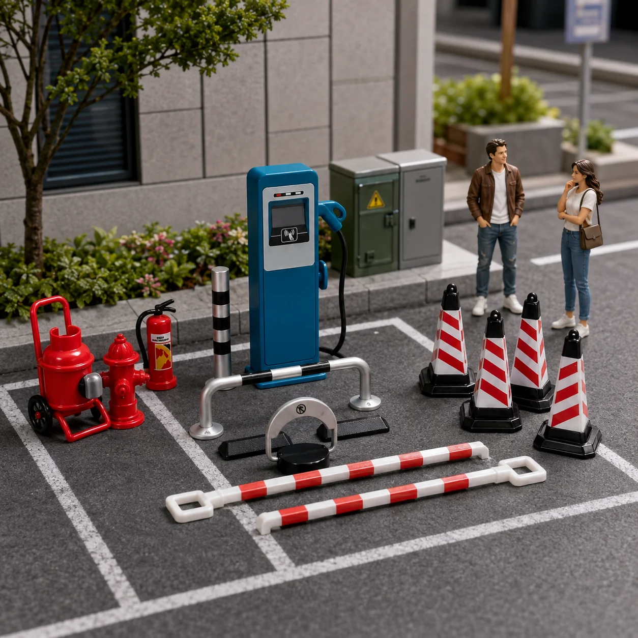 1:12 Miniature EV Charging Station Set Dollhouse Parking Scene Accessories with Traffic Cones Barrier Fire Hydrant