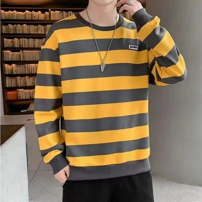 

Men Clothing Autumn Trendy Striped Print Streetwear Oversize Sweatshirt Y2K Youth Korean Casual O Neck Long Sleeve Pullover Tops