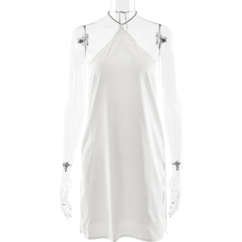 Women's New Neck Hanging Satin Dress Sexy Backless Solid Color Slim Fit Hip Hugging Short Skirt Dress Robe Vestido Women Party