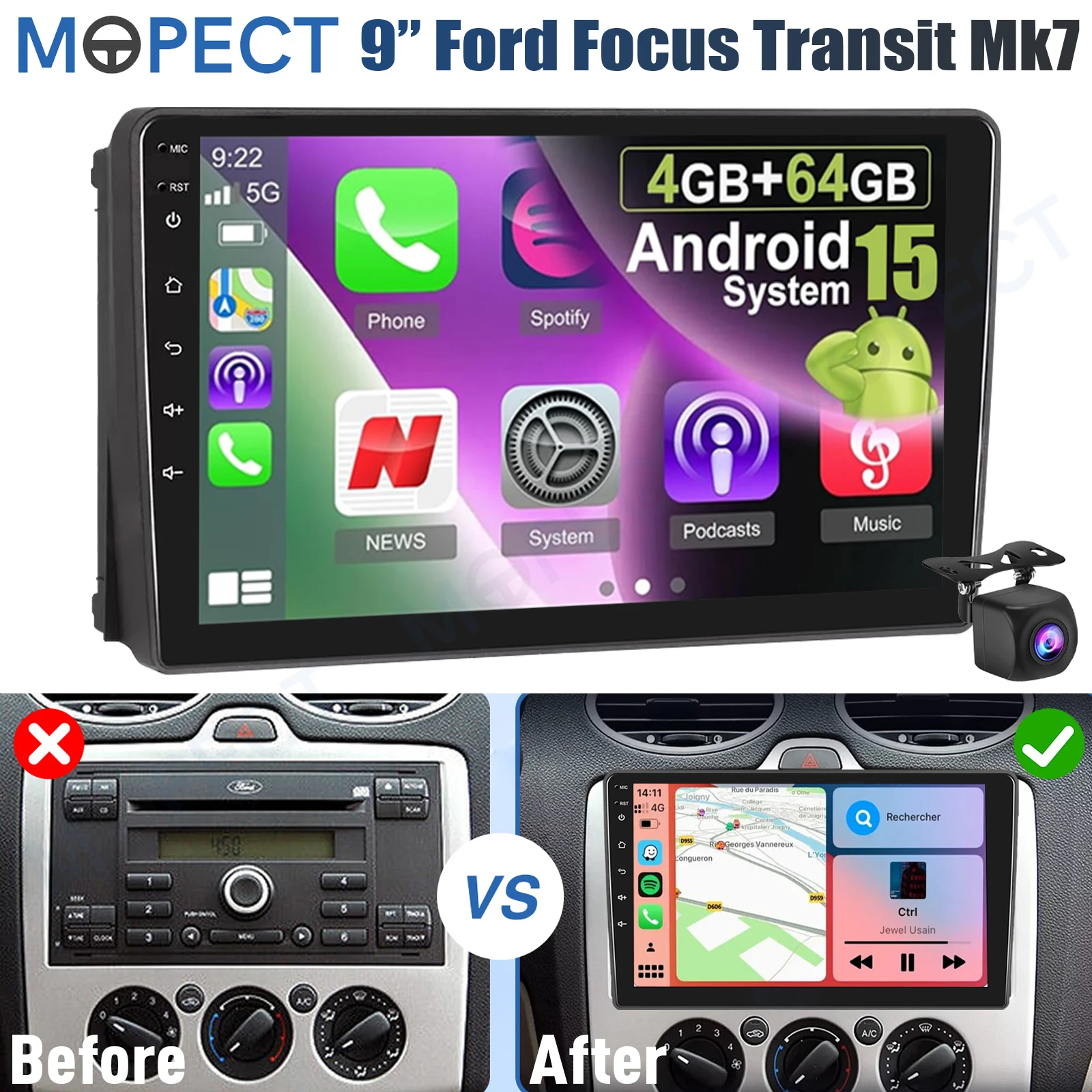 MOPECT 4+64GB voor Ford Transit MK7 2007-2014 / Ford Focus 2005-2008 Android 15 Carplay autoradio GPS navigatie BT+DAB&DVR+AHD