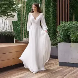 Custom Made SImple V-Neck Wedding Dress Long Puff Sleeves Backless A-Line Chiffon Bridal Gown Pleat Vestido De Novia Customized