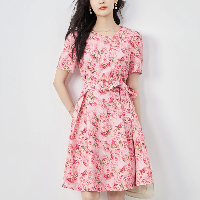 

Elegant Chic Dresses For Women 2024 Summer O-neck Short Sleeve Woman Floral Print Dress Women's Clothing Chiffon Dress A-line