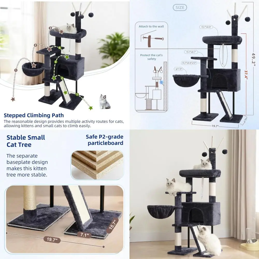 

Gray Feline Furniture: Tower with Scratching, Removable Platform, Balls, and Hanging Basket for Kittens