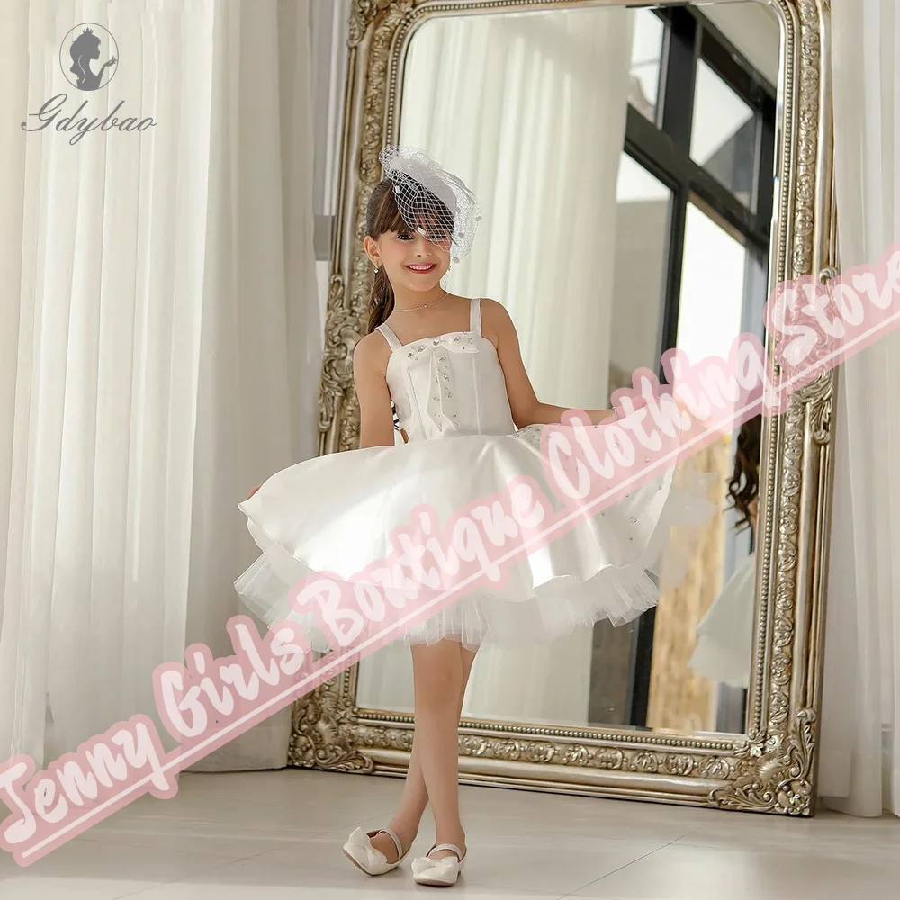 Elfenbein Satin Geburtstags feier Kleid Spaghetti träger Blumen Mädchen Kleider elegante flauschige Schichtung offizielle Veranstaltungen