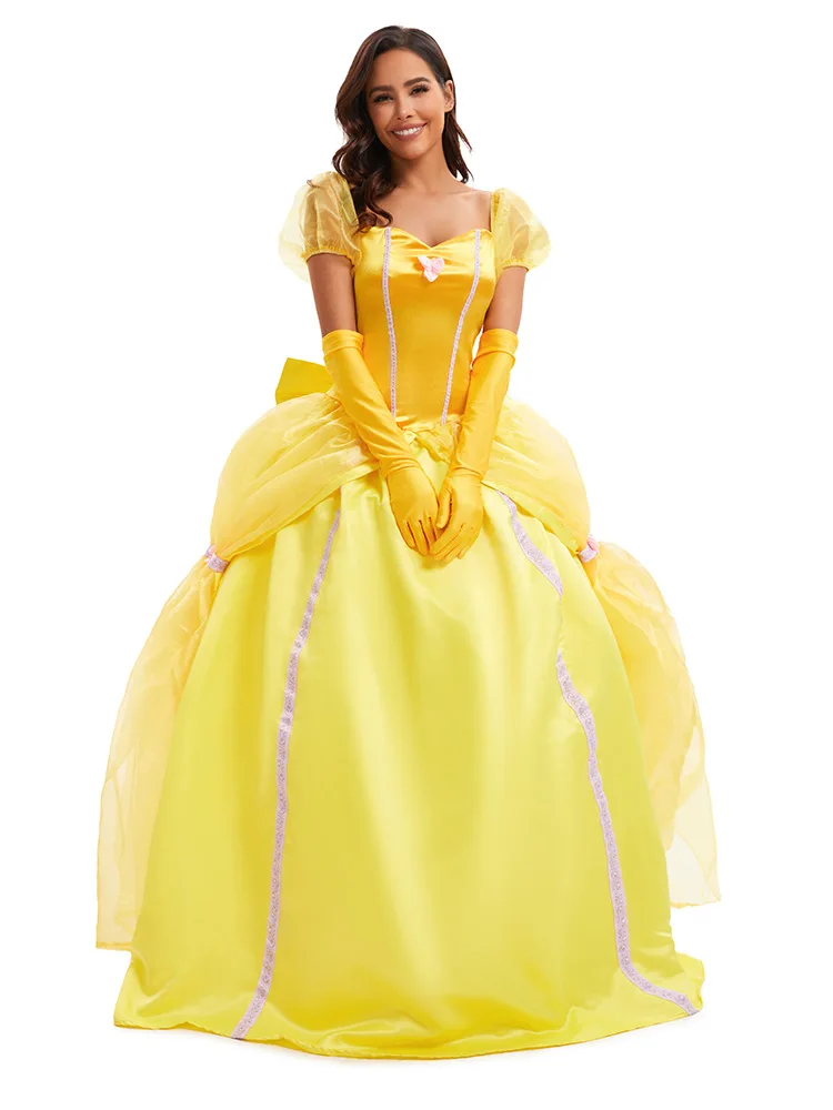 Die Schöne und das Biest Glocke Gelbes langes Kleid Halloween-Kostüm Belle Prinzessin Kleid Maskerade Karneval Erwachsene Belle Roles Anzug