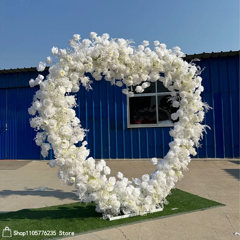Weißer Rosen- und Schleierkraut-Herzförmiger Blumenbogen, Künstlicher Blumen-Hochzeitshintergrund, Rahmen für Zeremonien, Partys, Fotobox-Dekoration, Requisiten – Detail 6