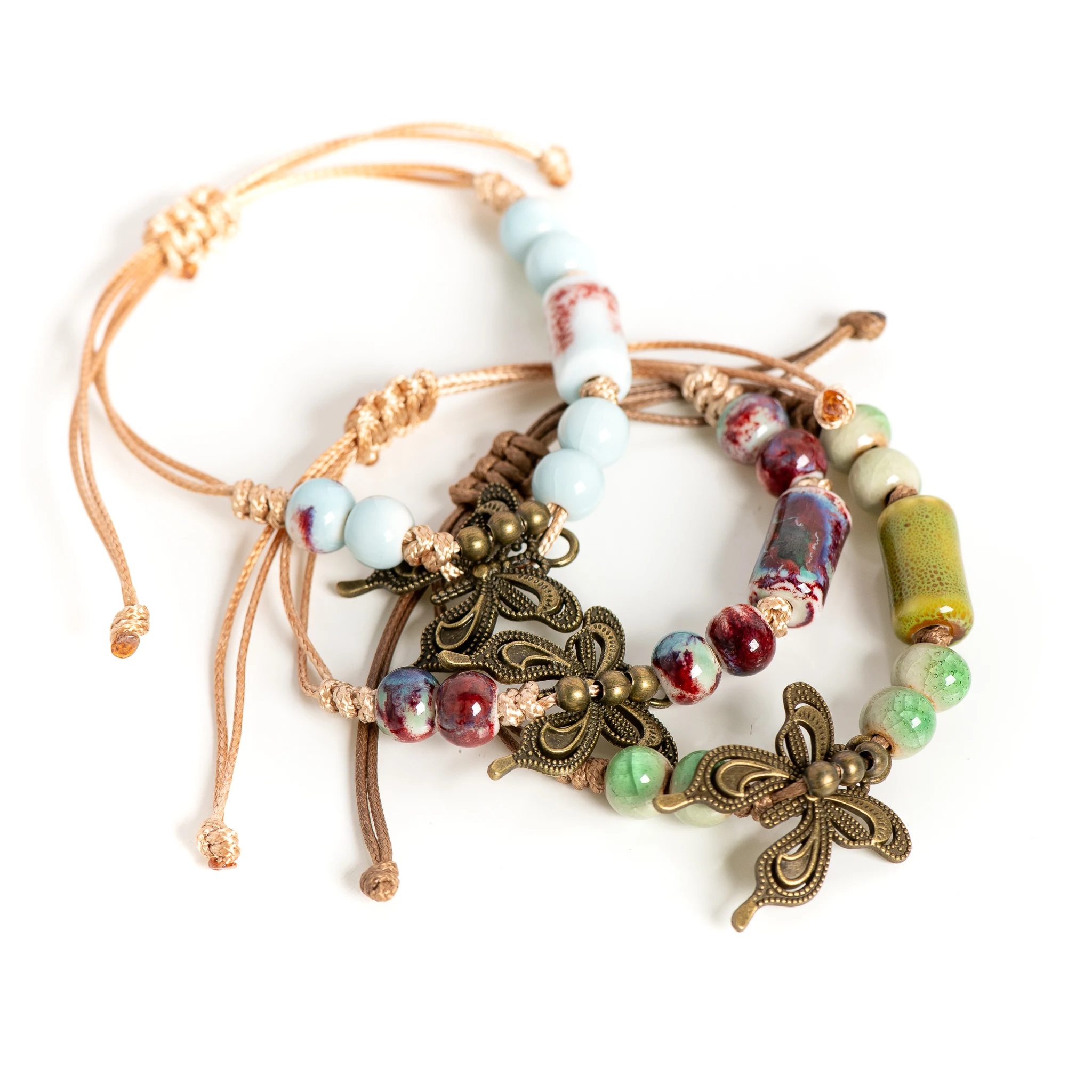 Handmade Multicolor Ceramic Bead Bracelet with Butterfly Charm Adjustable 15-25cm