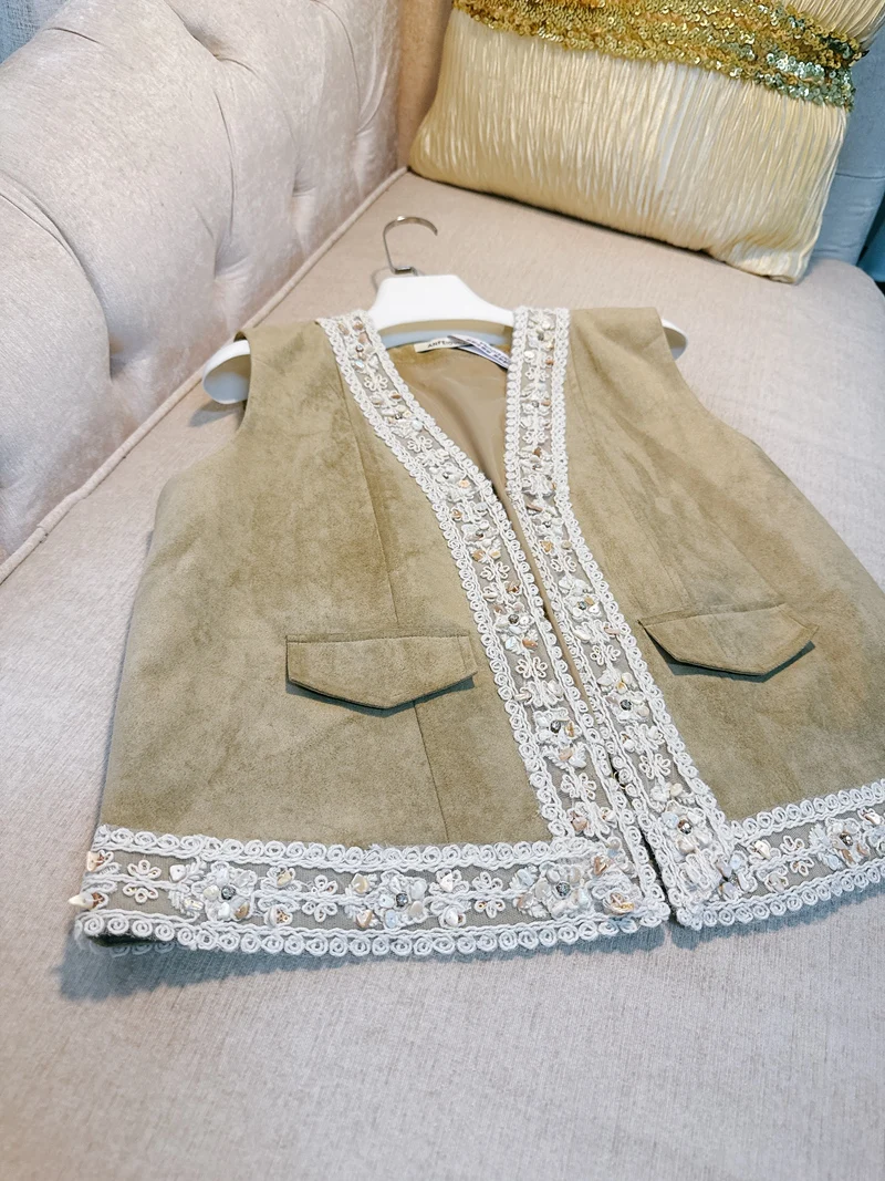 

Модный тяжелый кардиган с кружевной отделкой и V-образным вырезом, вышивкой русалки, открытый кардиган, плавающий жилет Jaet, полиэфирное волокно