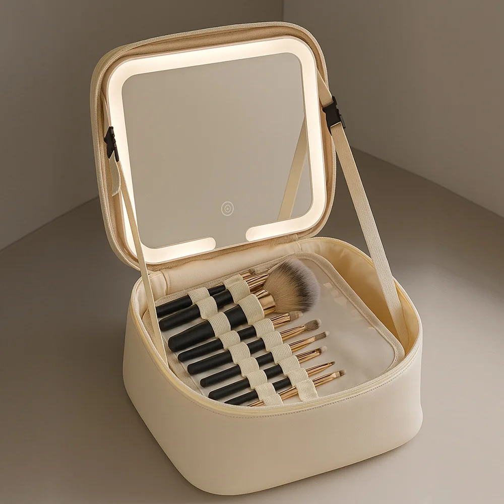 Makeup Bag With LED Mirror Large Capacity Travel Portable With Toilet Storage Bag and Mirror Women's Makeup Bag Organizer image 3