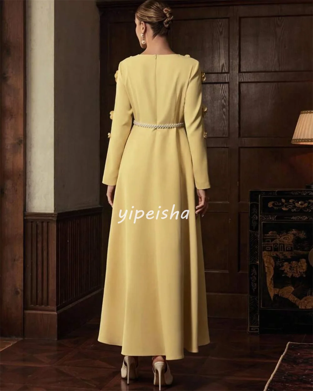 ที่กําหนดเองสไตล์โมเดิร์นจับคู่ Jersey Handmade ดอกไม้ Sash A-Line Scoop คอข้อเท้าความยาวชุด Bespoke โอกาสชุด