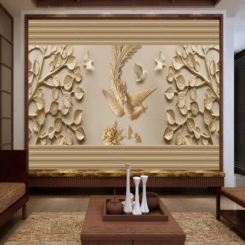 Chinese-Style Fashion Relief Leaf Phoenix Peony Light Brown Personalized Ink Wash Traditional Chinese Painting Background Wall