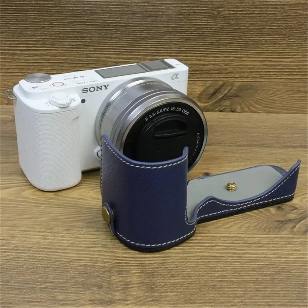 PU Leather Camera Bag Case Half Body Cover for Sony ZV-E10  ZVE10 Bottom Cases With Hand Strap