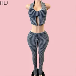 HLJ Sexy Stripe Knitting Two Piece Sets For Women Deep V Halter Slim Crop Top And Drawstring Pants Outfits Fashion 2pcs Clothing