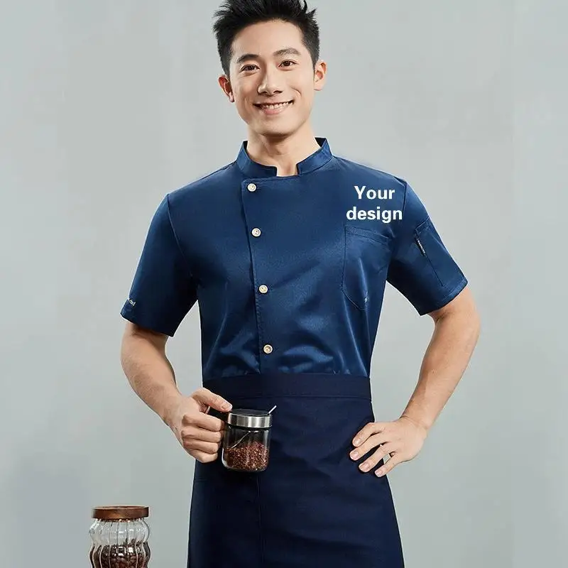 Chef Uniform Customized Logo Men's Short Sleeve Thin Design Hotel Kitchen Cooking Work Clothes Cake Baking Coffee Shop Top