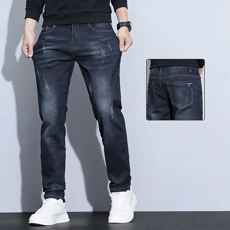 

Autumn Winter Men Slim Fit Straight Jeans Fashion Business Casual Stretch Denim Pants Male Classic Blue Black Versatile Trousers