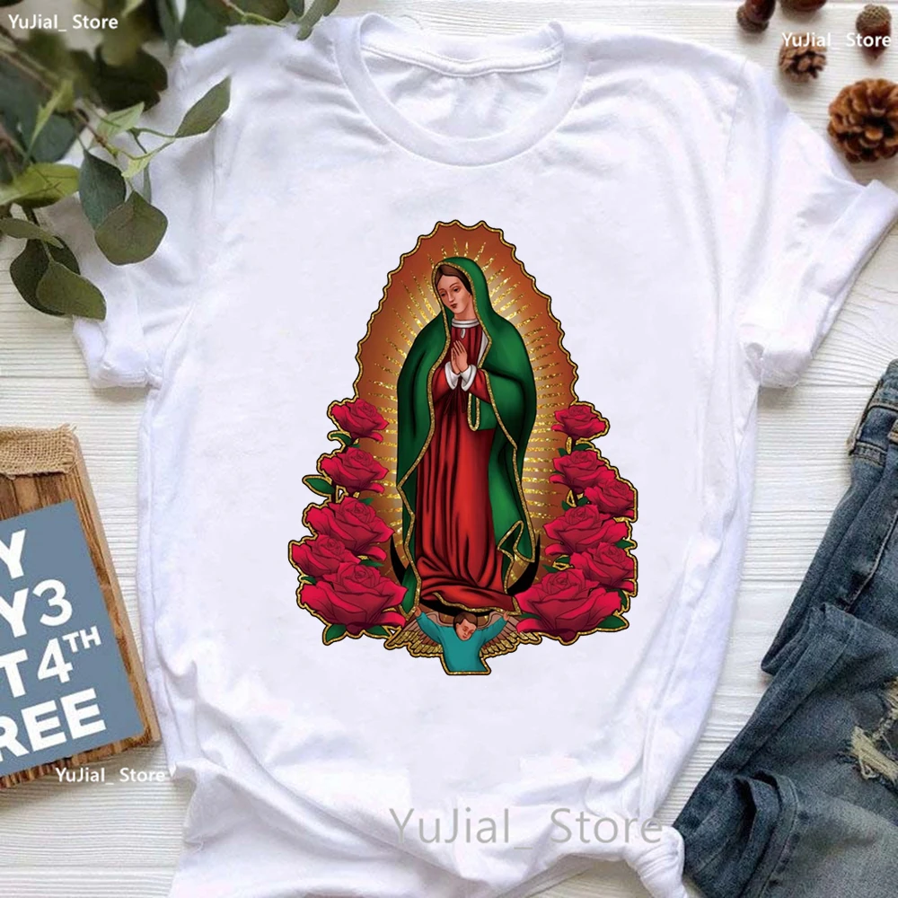 2024 Watercolor Lady Of Guadalupe Flowers Print Tshirt Women Summer Fashion Tops Tee Shirt Femme Faith White T Shirt Female