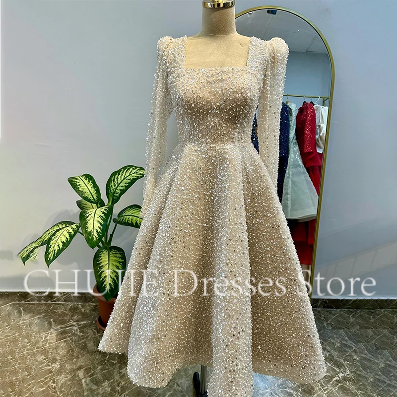 

Customized Beading Evening Gown Muslim Elegant Formal Dress Sequins Square Neck Arabia Long Sleeves Evening Gown Party Dress