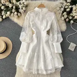 Vintage Flower Embroidery Hollow Out Lace White Dress Women's Stand Collar Long Lantern Sleeve Pearls Buttons Party Vestidos