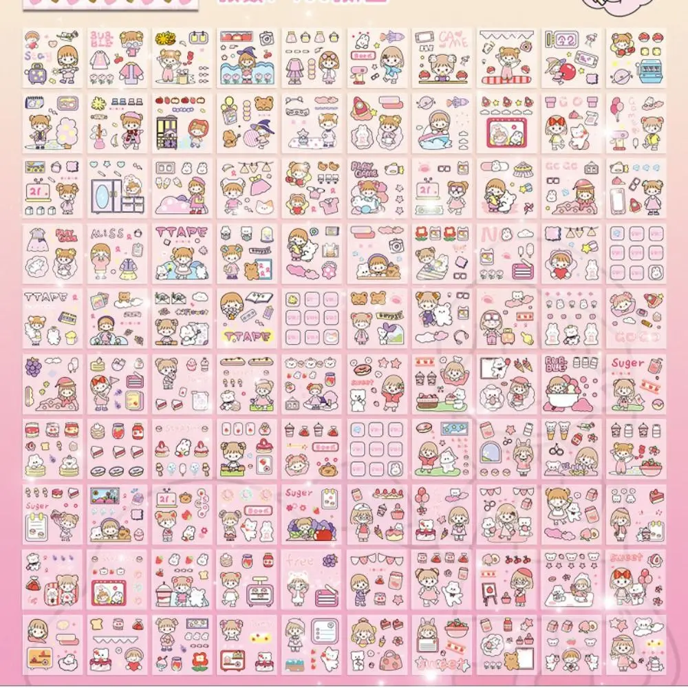 

100 Sheets Cute Cartoon Stickers Waterproof Stationery Die-Cut Stickers Cute Patterns Transparent DIY Stickers