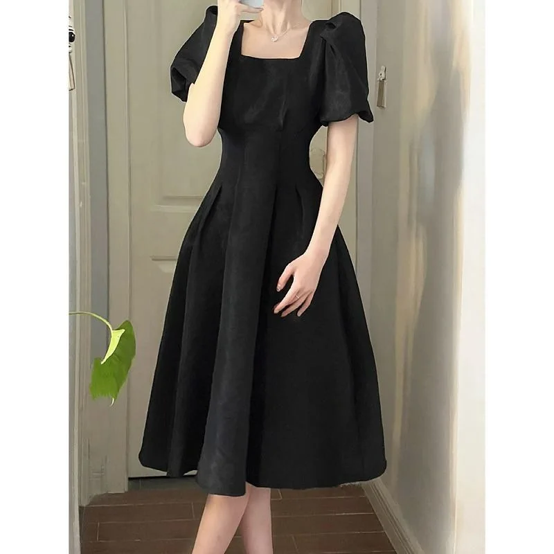 2023 Summer Women's Graceful White Midi Dress Korean Vintage Square Collar Evening Party Black Gown Lady Simple Joker Dresses