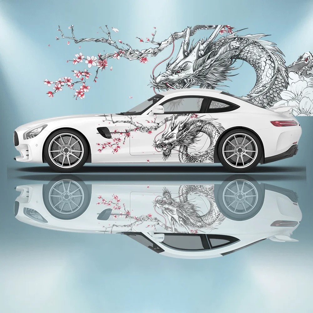 Japanse stijl draak die zich om de bloemtak kronkelde, auto-sticker, volledige bloemendecoratie, die krassen bedekt en beschermt