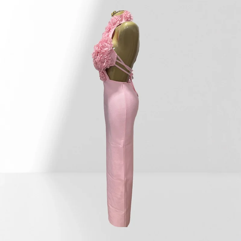 Nowa Kolekcja Damska Sukienka Bodycon z Kwiatowym Wzorem, Seksownym Dekoltem, Odkrytymi Plecami, Wiązana na Szyi, Modna Sukienka Bandage na Imprezę i Wakacje