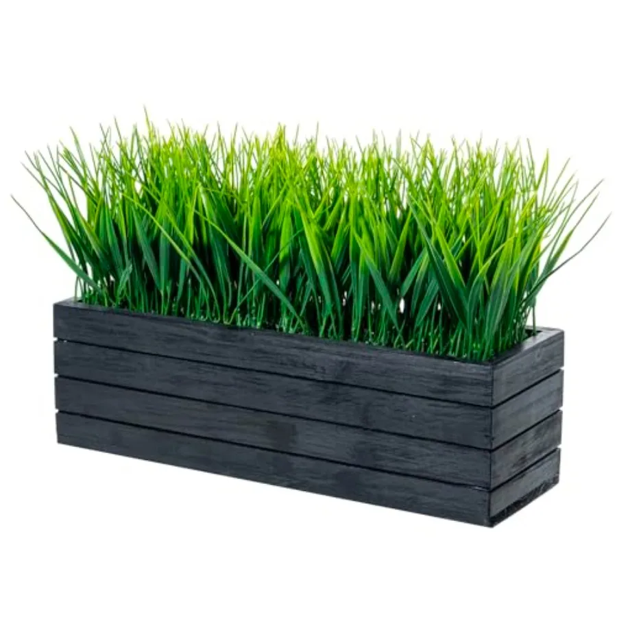

14 Inch Artificial Green Grass Plant in Vintage Wood Planter Window Box, Faux Greenery in Decorative Rectangular Crate Style Wo