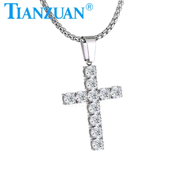 ChimFashion-Collier pendentif croix en acier inoxydable pour femme, Moissanite de forme ronde, Cadeaux de fête, 5mm