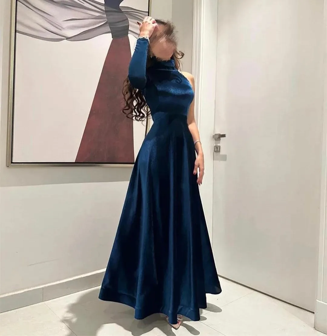 Elegantes marineblaues Abschlussball-Partykleid 2026, Stehkragen, eine Schulter, Kristallperlen, Samt, A-Linie, Abend, Geburtstag, formelle Kleider