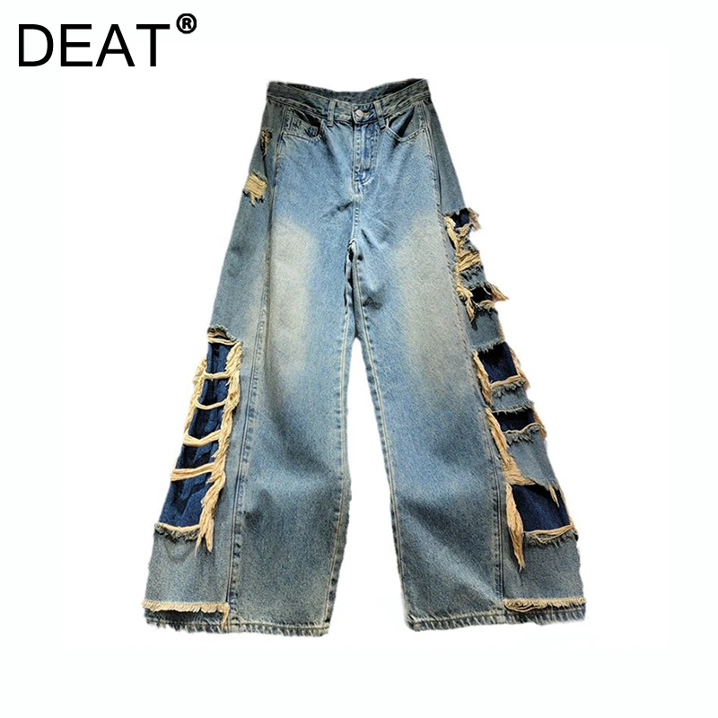 DEAT Women Jeans High Waist Washed Distressed Broken Holes Straight Wide Leg Tassel Denim Pants 2024 New Fashion Winter 29L8991