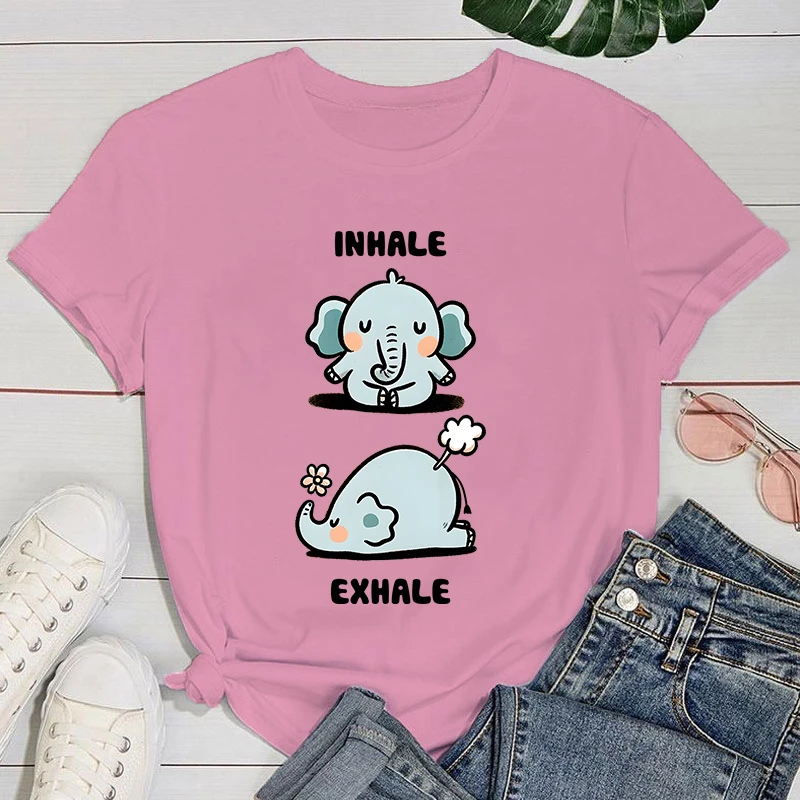 Camiseta feminina Inhale Exhale estampada de manga curta, camiseta casual verão, tops criativos, moda ioga