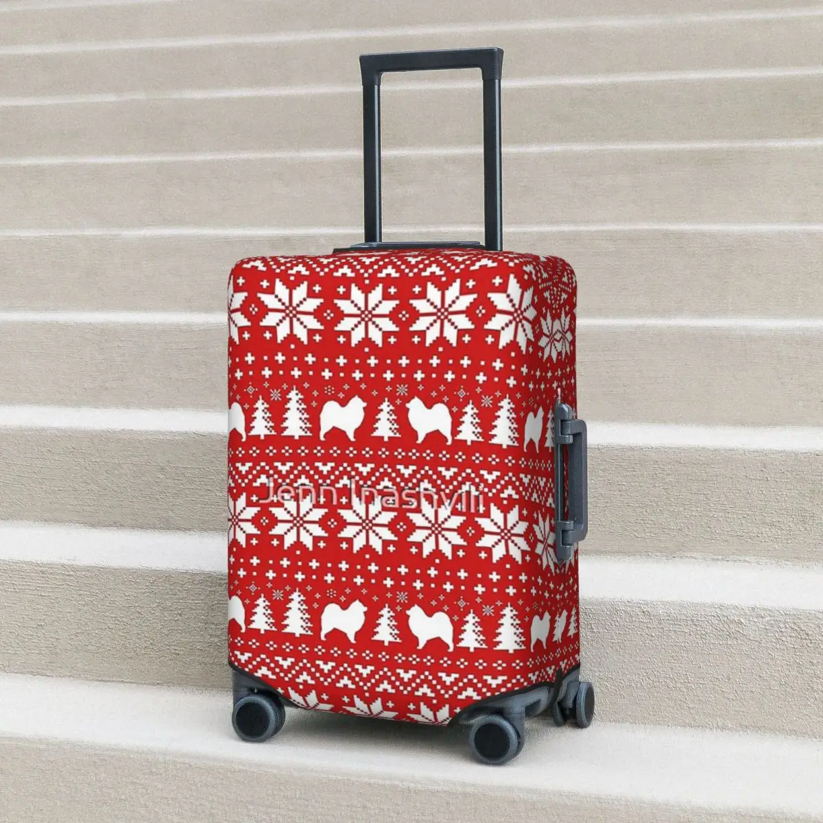 

Samoyed Dog Silhouettes Red And White Christmas Holiday Pattern Suitcase Cover Protection Elastic Luggage Protector Covers