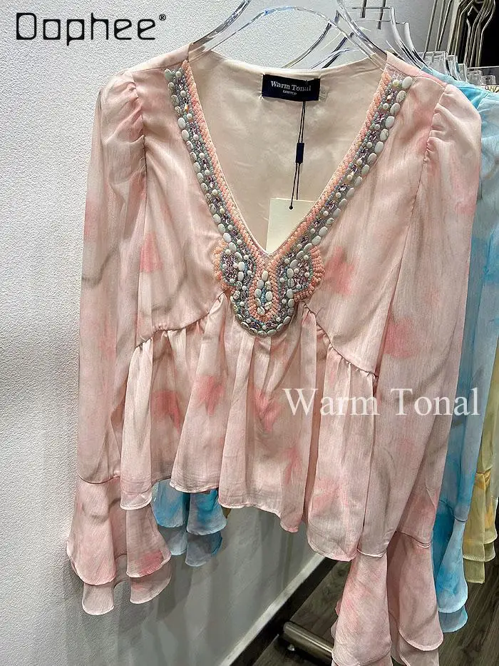 French V-neck Slim Handmade Beaded Fungus Edge Chiffon Shirt Female Spring Summer New Petal Sleeves Slim Short Blouse Tide