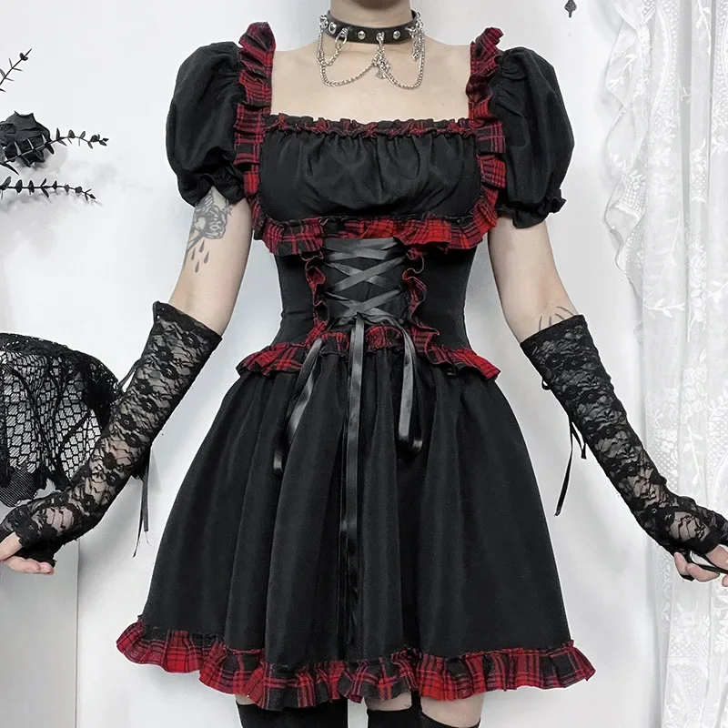 Black Gothic Cosplay Mini Party Women's Dress Punk Rock Harajuku Plaid Print Patchwork Lace Up Retro Vintage Summer Dresses