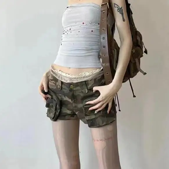 Vintage Women's Denim Shorts Low Waisted Pockets Camouflage Y2k Casual Jeans Cargo Pants Gothic Green Short Jeans