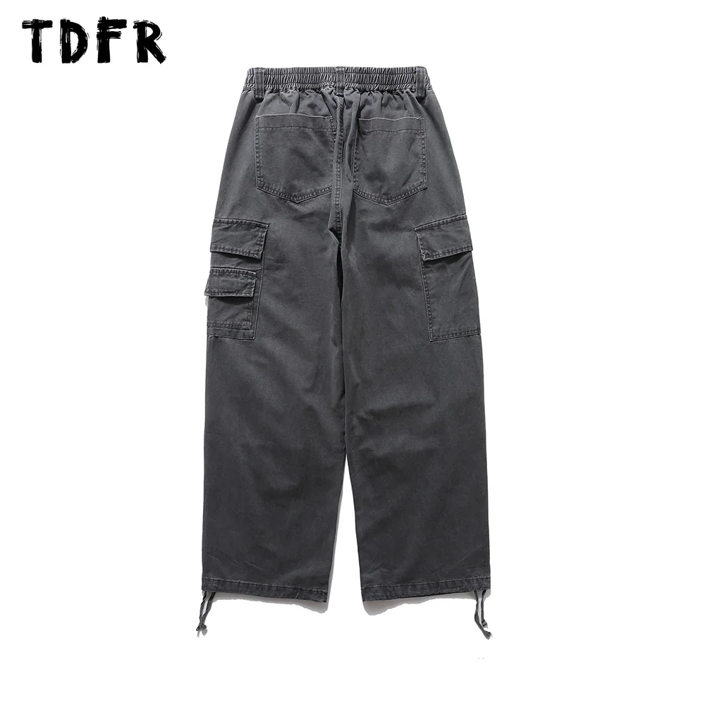 Pocket Pleated Cargo Pants Mens Safari Style Washed Distressed Solid Color Elastic Waist Loose Wide Leg Joggers Pants Men