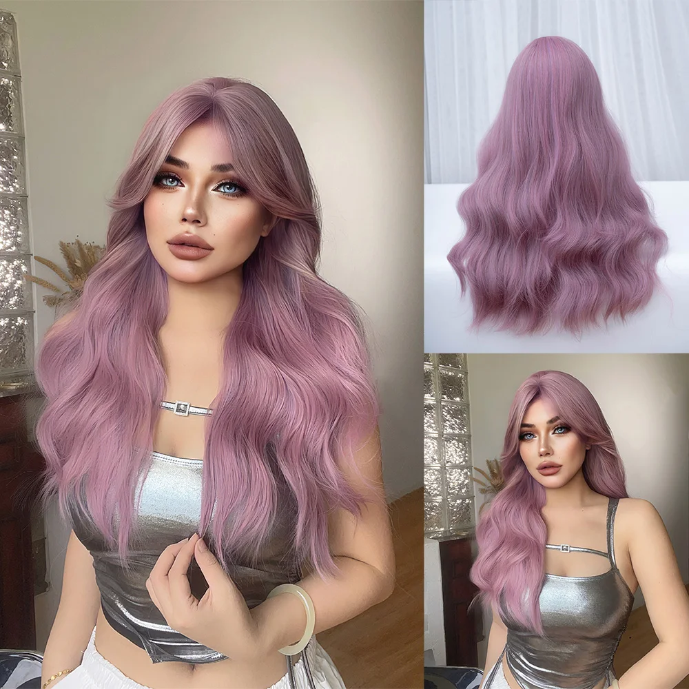 26Inch Sunset Purple Pink Color Synthetic Wigs Middle Part Long Natural Wavy Hair Wig For Women Daily Use Cosplay Heat Resistant