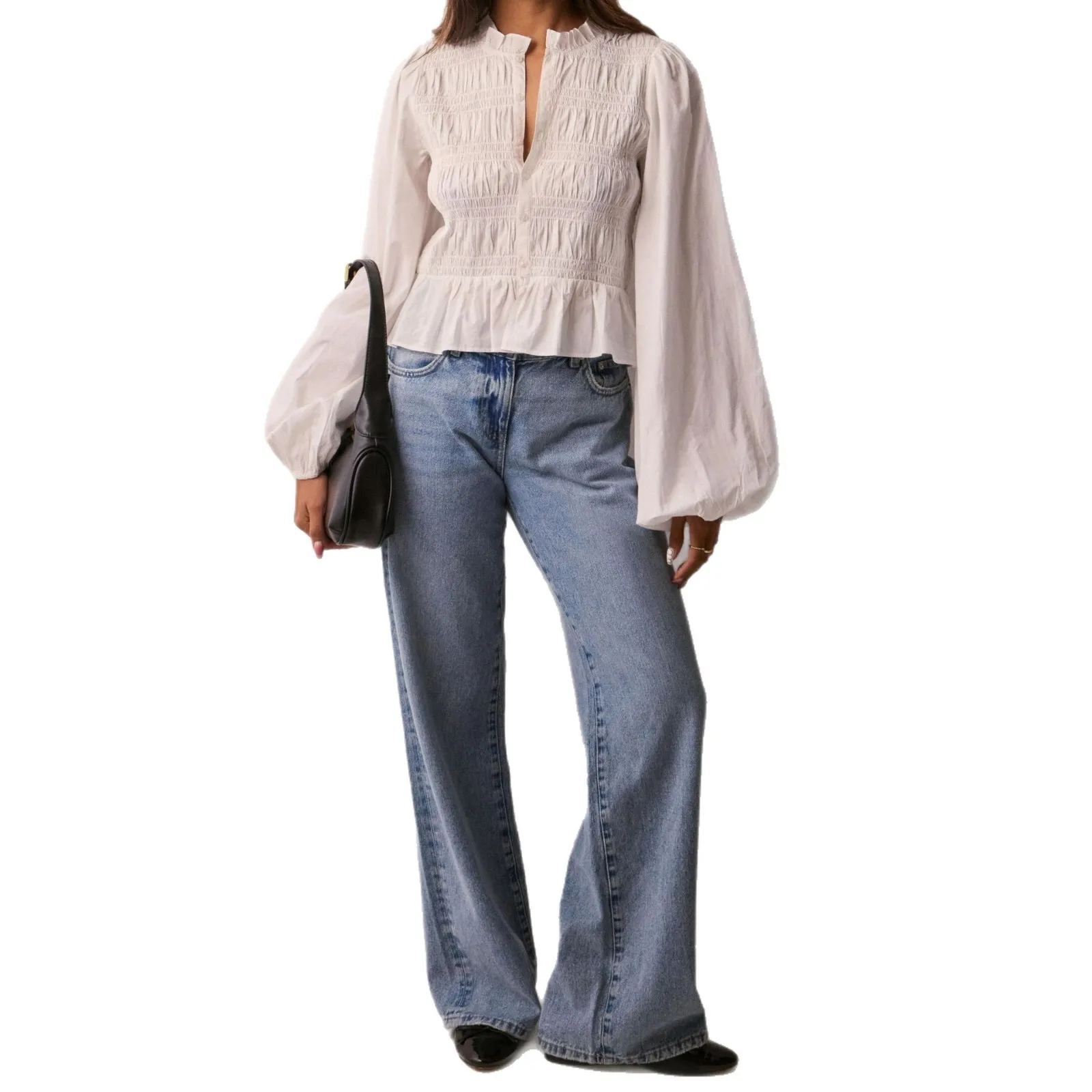 Camicia cardigan slim fit con bottoni versatili casual tinta unita da donna con top con maniche a sbuffo