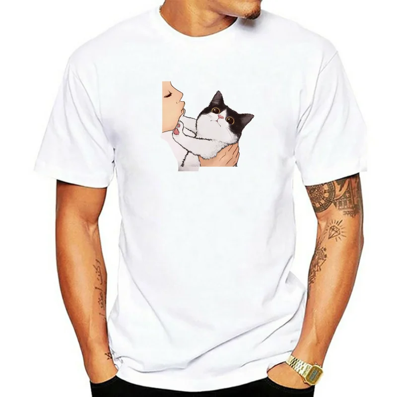 

2025 Summer Women T-shirt Kiss A Cute Cat Printed Tshirts Casual Tops Tee Harajuku 90s Vintage White Tshirt Female Clothing