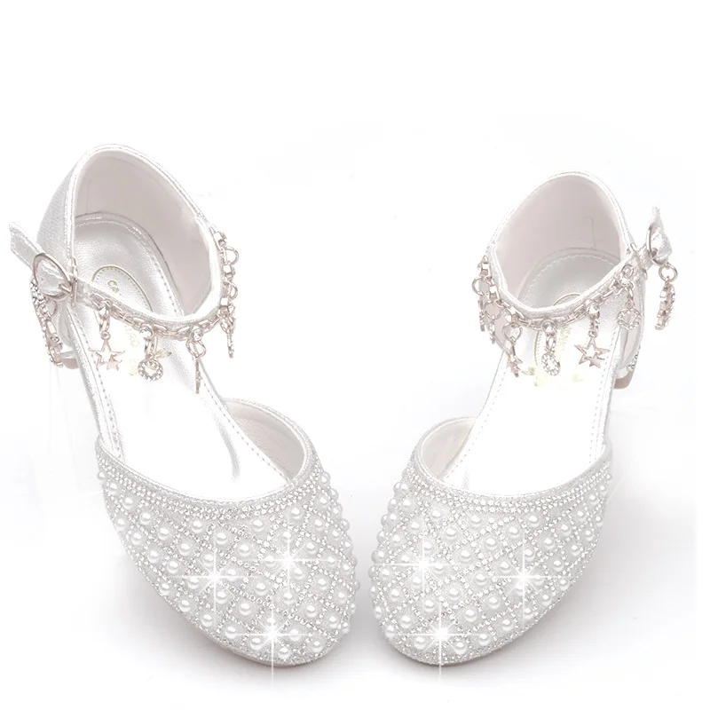 Girls High Heel Kids Sandals Pearl Teen Students Princess Crystal Party Performance Shoes Children Wedding Formal Dance Footwear