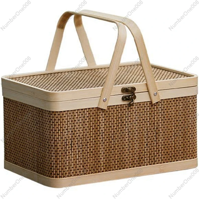 5X Bamboo Basket/ Natural -Friendly Woven Basket/ Bamboo Picnic Basket With Lid Handheld Snacks Bread Storage Basket