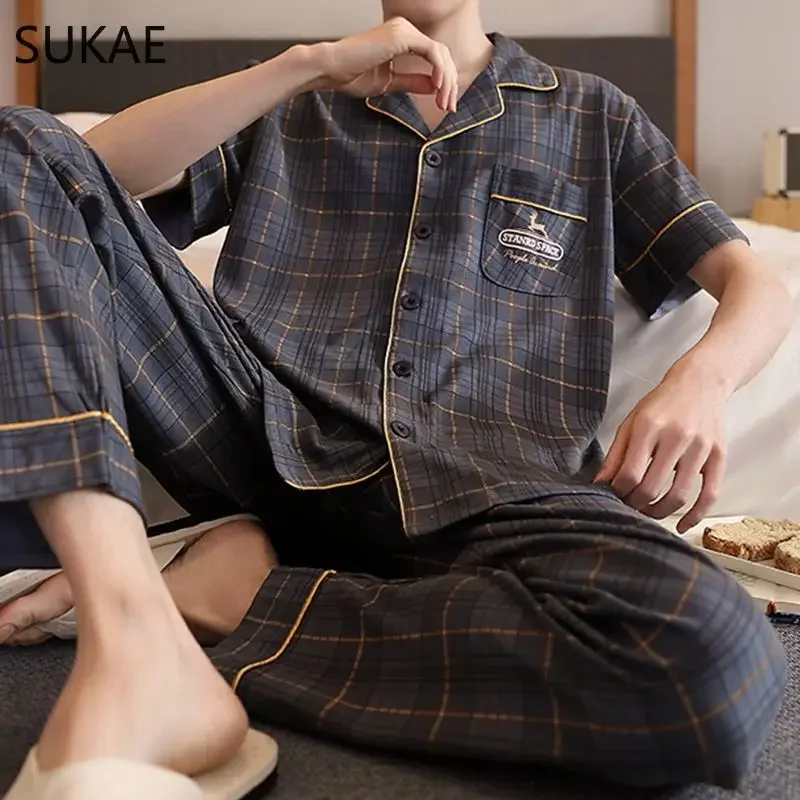 SUKAE Gentleman Sleepwear Summer Autumn New Cotton Turn-down Collar Mens Pajamas Set Leisure Plaid Casual Loungwear Pijamas